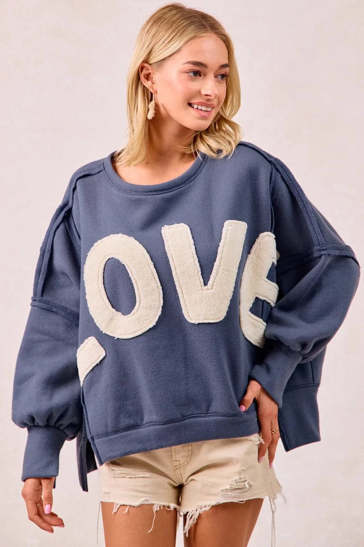 LOVE Patchwork Sherpa Lettering Out Seam Pullover Sweatshirt
