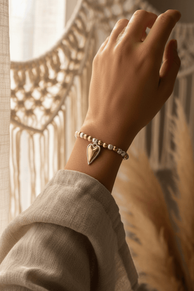 Mahina Mix Metal Stretchy Beaded Bracelet with Narrow Heart Charm