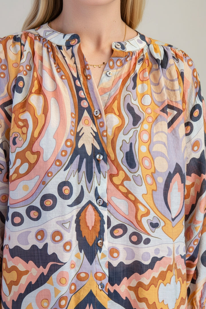 Mandarin Collar Loose Fit Button Down Printed Blouse