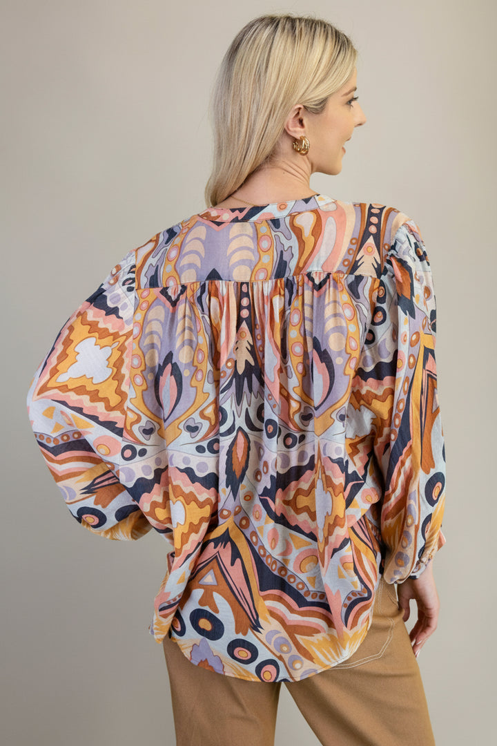 Mandarin Collar Loose Fit Button Down Printed Blouse