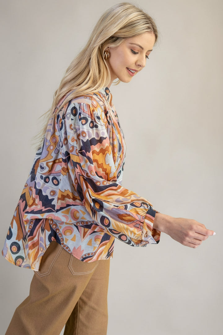 Mandarin Collar Loose Fit Button Down Printed Blouse