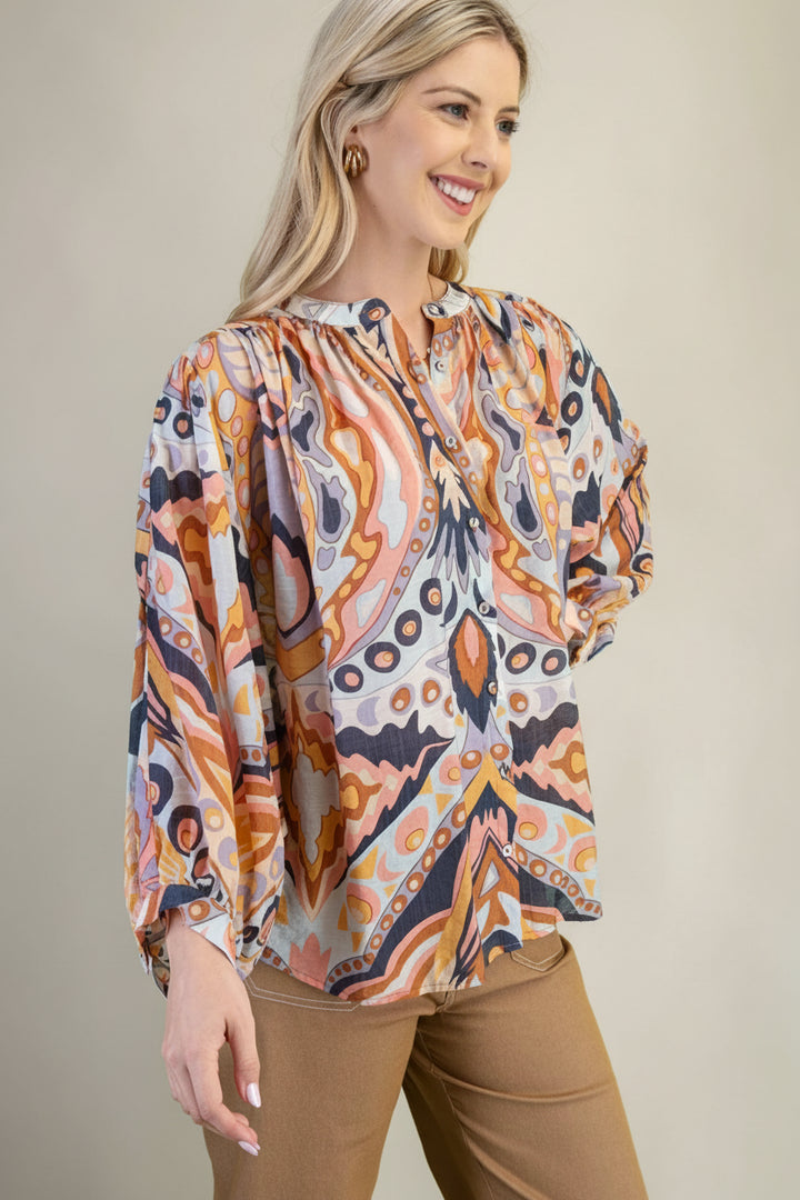 Mandarin Collar Loose Fit Button Down Printed Blouse
