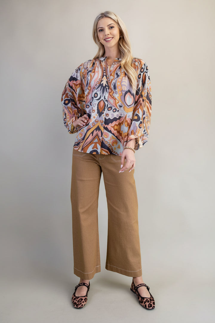 Mandarin Collar Loose Fit Button Down Printed Blouse