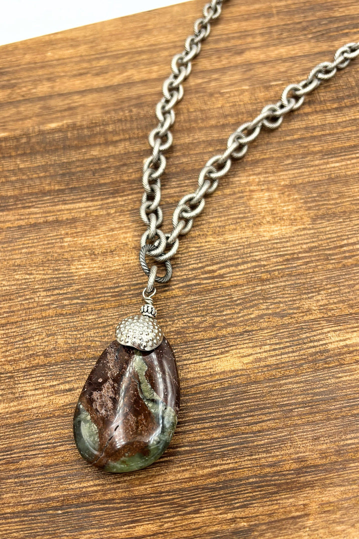 Marbled Jasper Gemstone Pendant on Long Heavy Etched Cable Chain Necklace