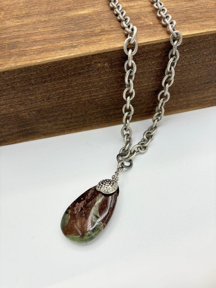 Marbled Jasper Gemstone Pendant on Long Heavy Etched Cable Chain Necklace