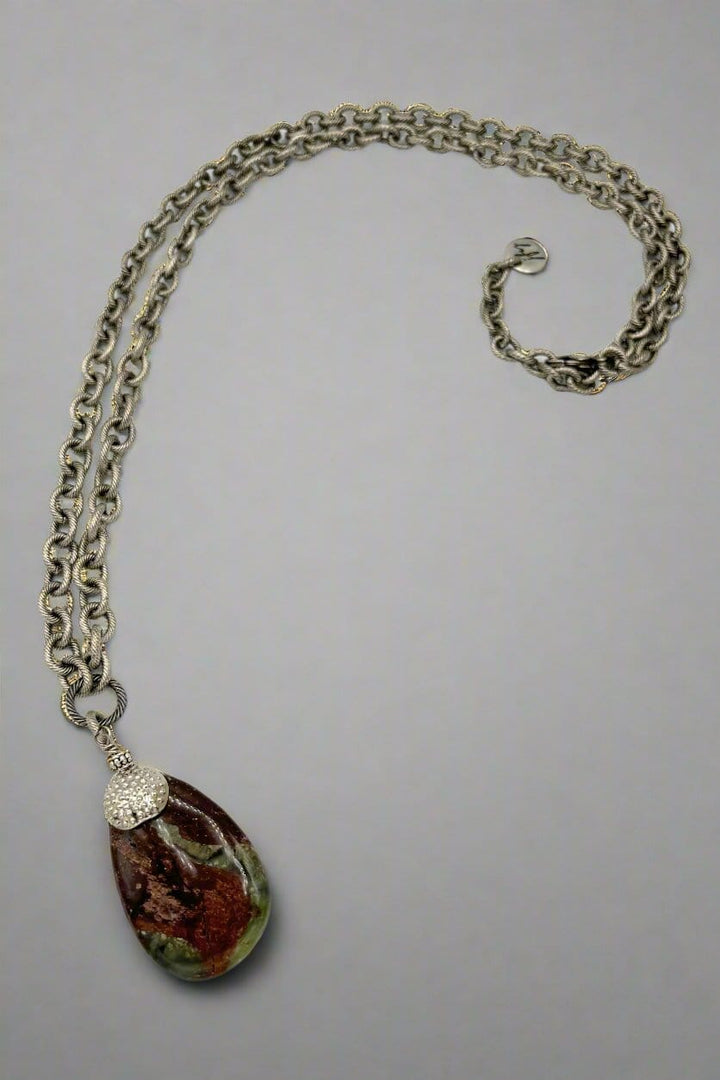 Marbled Jasper Gemstone Pendant on Long Heavy Etched Cable Chain Necklace