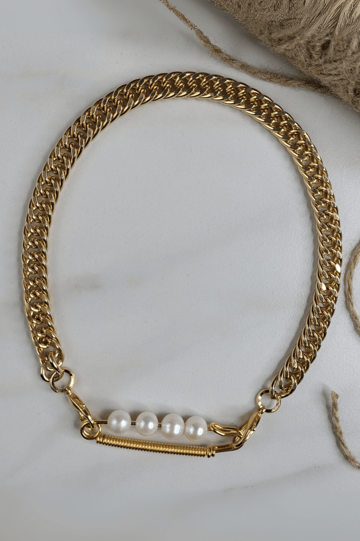 Maverick Necklace Handmade - Gold Plated Curb Chain and Safety Pin with Freshwater Pearls
