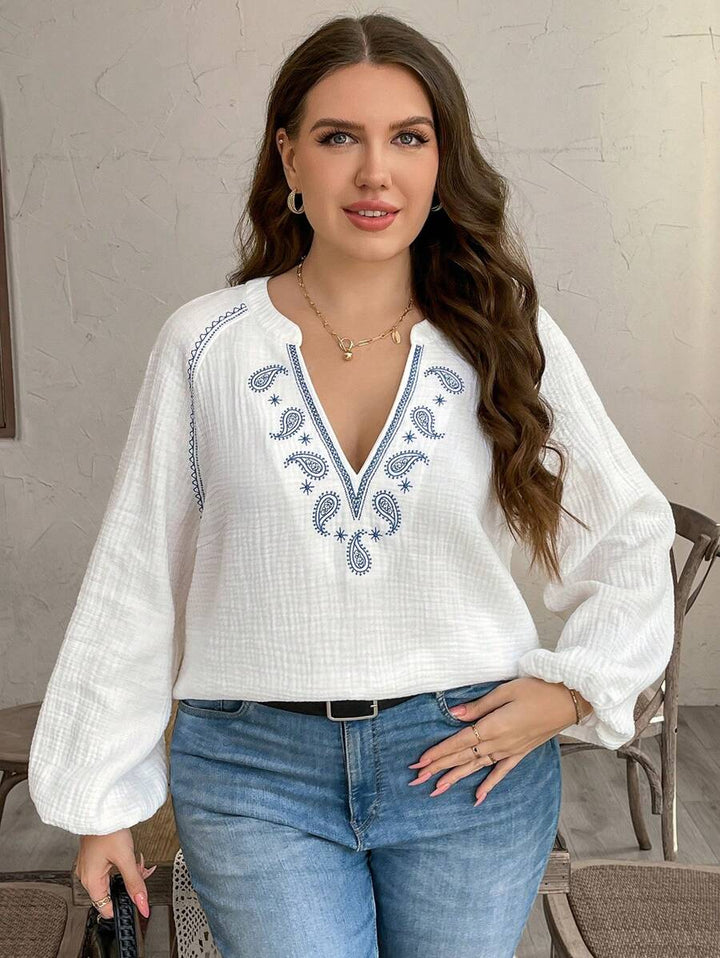 Mediterranean Style Paisley Embroidered Split Neck Long Sleeve Lightweight Gauze Blouse