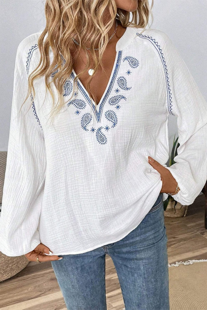 Mediterranean Style Paisley Embroidered Split Neck Long Sleeve Lightweight Gauze Blouse