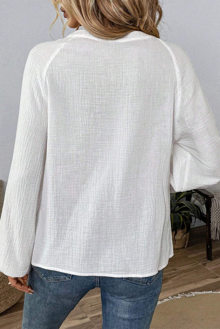 Mediterranean Style Paisley Embroidered Split Neck Long Sleeve Lightweight Gauze Blouse