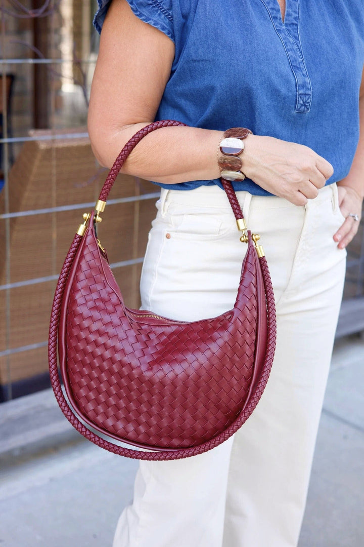 Medium Braided Vegan Leather Crescent Bag with Braided Handbag and Crossbody Straps
