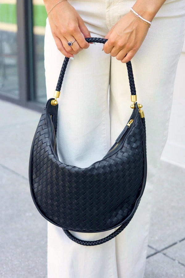 Medium Braided Vegan Leather Crescent Bag with Braided Handbag and Crossbody Straps