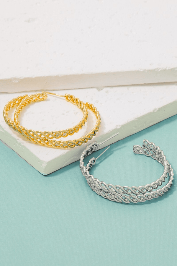 Medium Half CZ Studded Braid Twist Hoop Earrings
