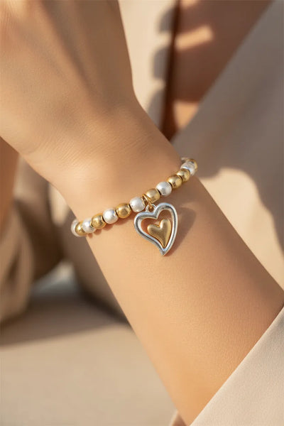Meig Mix Metal Stretchy Bracelet with Layered Heart Charm