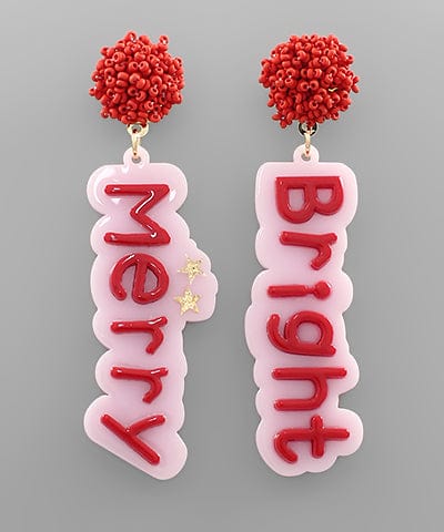 Merry & Bright Acrylic Script Beaded Post Dangle Earrings