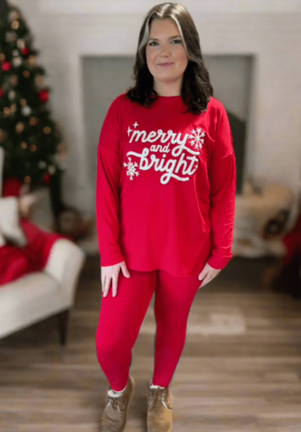 Merry & Bright Snowflake Design Round Neck Brushed Microfiber Loungewear Set