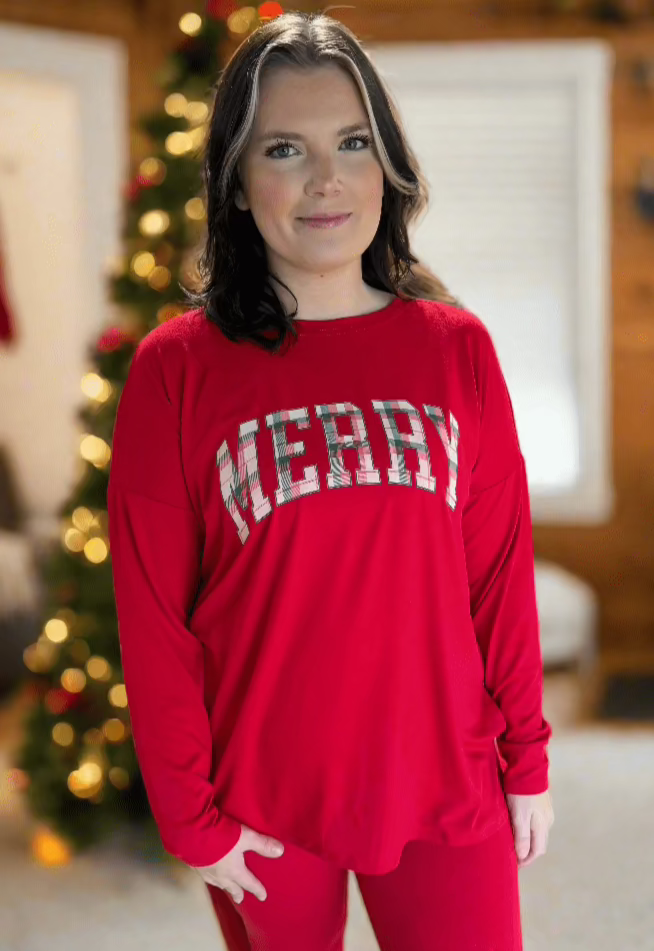 "MERRY" Christmas Plaid Lettering Round Neck Brushed Microfiber Long Sleeve Loungewear Set