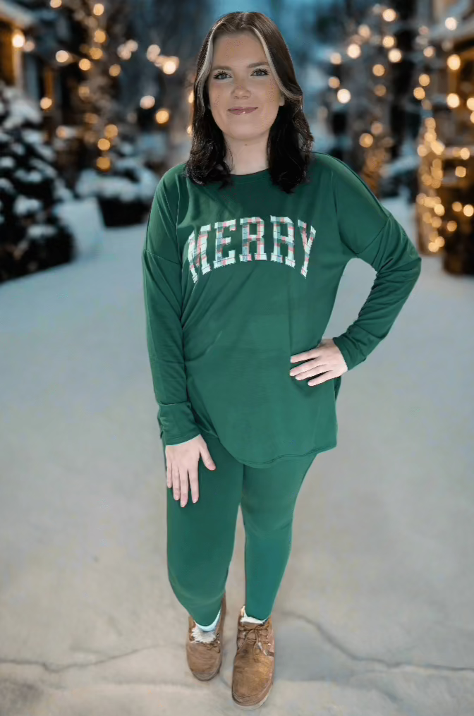 "MERRY" Christmas Plaid Lettering Round Neck Brushed Microfiber Long Sleeve Loungewear Set