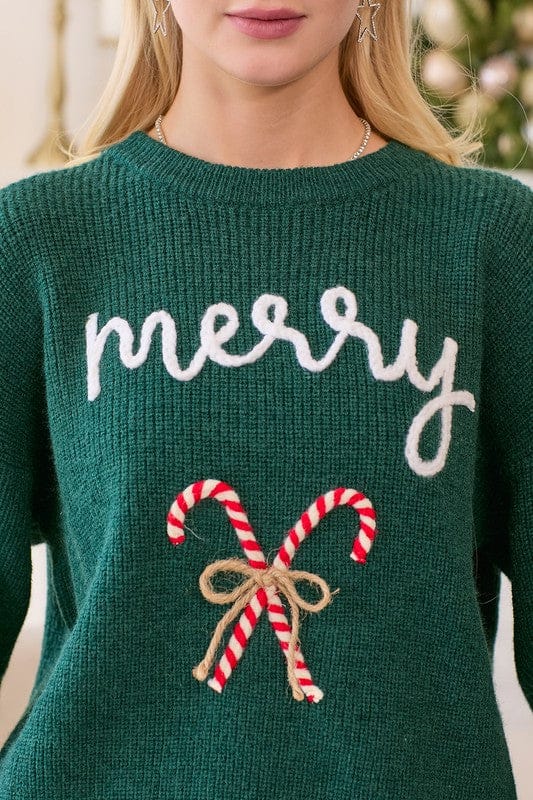 Merry Cursive Script Candy Cane Graphic Christmas Sweater