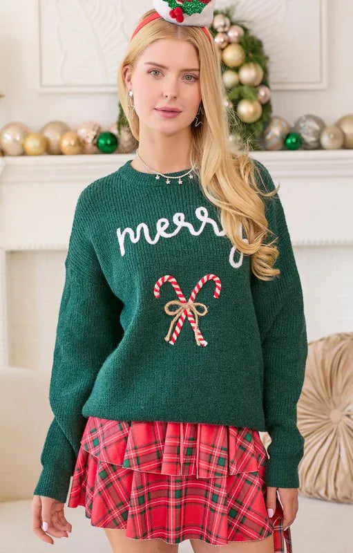 Merry Cursive Script Candy Cane Graphic Christmas Sweater