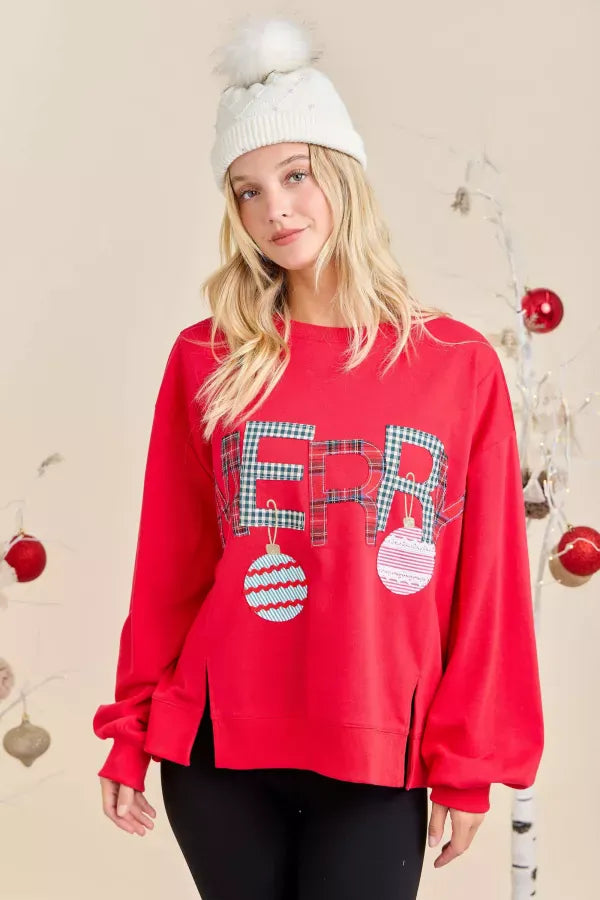 Merry Patchwork Lettering Christmas Pullover Sweatshirt