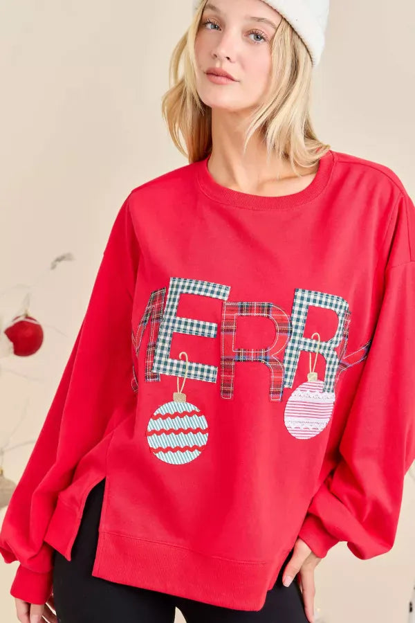 Merry Patchwork Lettering Christmas Pullover Sweatshirt