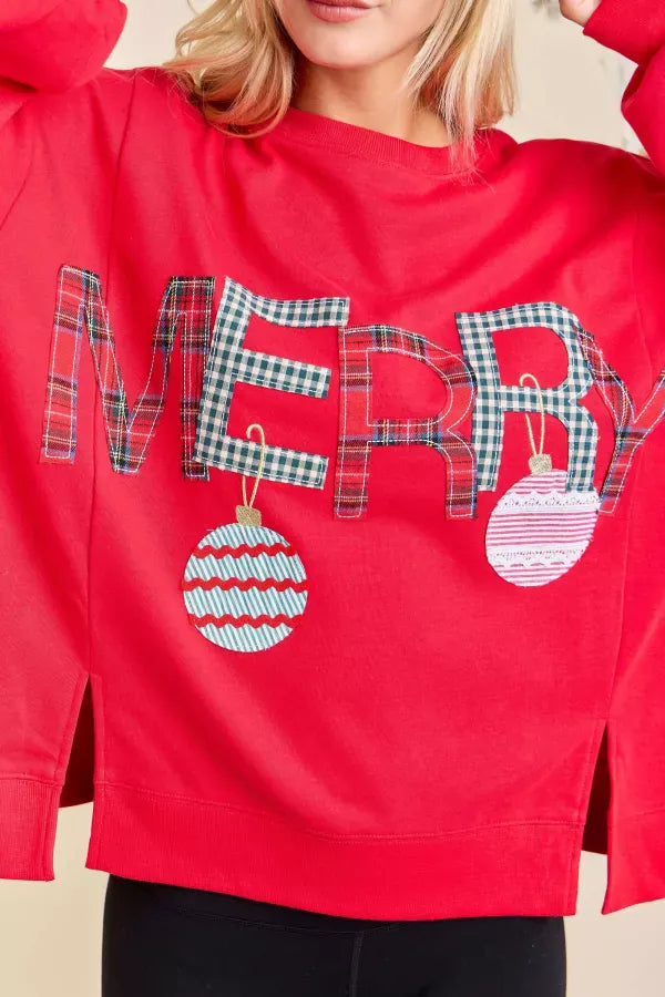 Merry Patchwork Lettering Christmas Pullover Sweatshirt