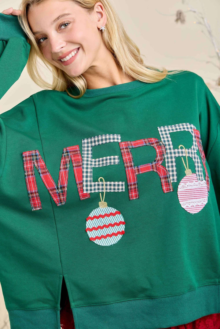 Merry Patchwork Lettering Christmas Pullover Sweatshirt