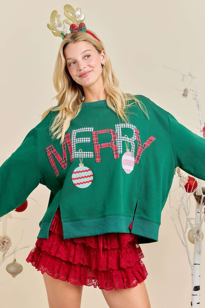 Merry Patchwork Lettering Christmas Pullover Sweatshirt