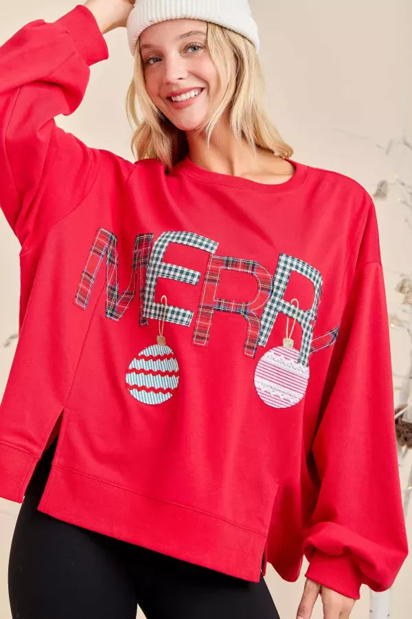 Merry Patchwork Lettering Christmas Pullover Sweatshirt