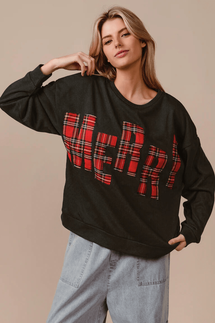 MERRY Plaid Lettering Christmas Fleece Sweatshirt Pullover