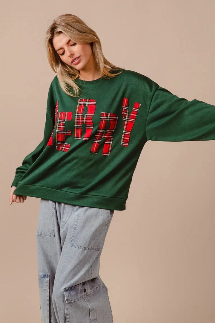 MERRY Plaid Lettering Christmas Fleece Sweatshirt Pullover
