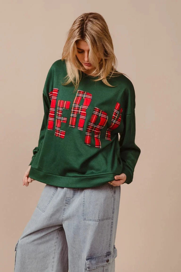 MERRY Plaid Lettering Christmas Fleece Sweatshirt Pullover