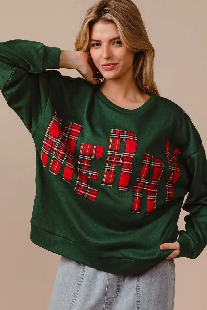 MERRY Plaid Lettering Christmas Fleece Sweatshirt Pullover
