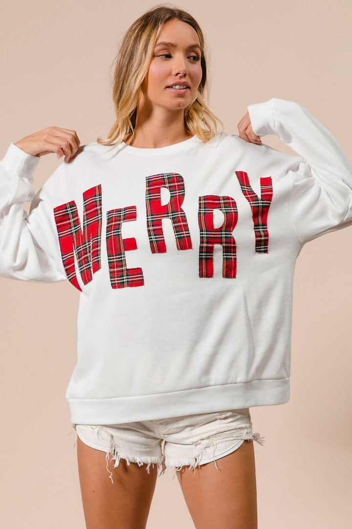 MERRY Plaid Lettering Christmas Fleece Sweatshirt Pullover