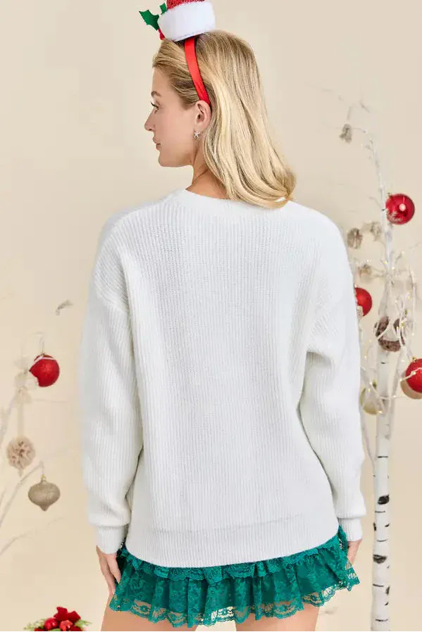 "Merry" Script Holiday Wreath Embroidered Sweater