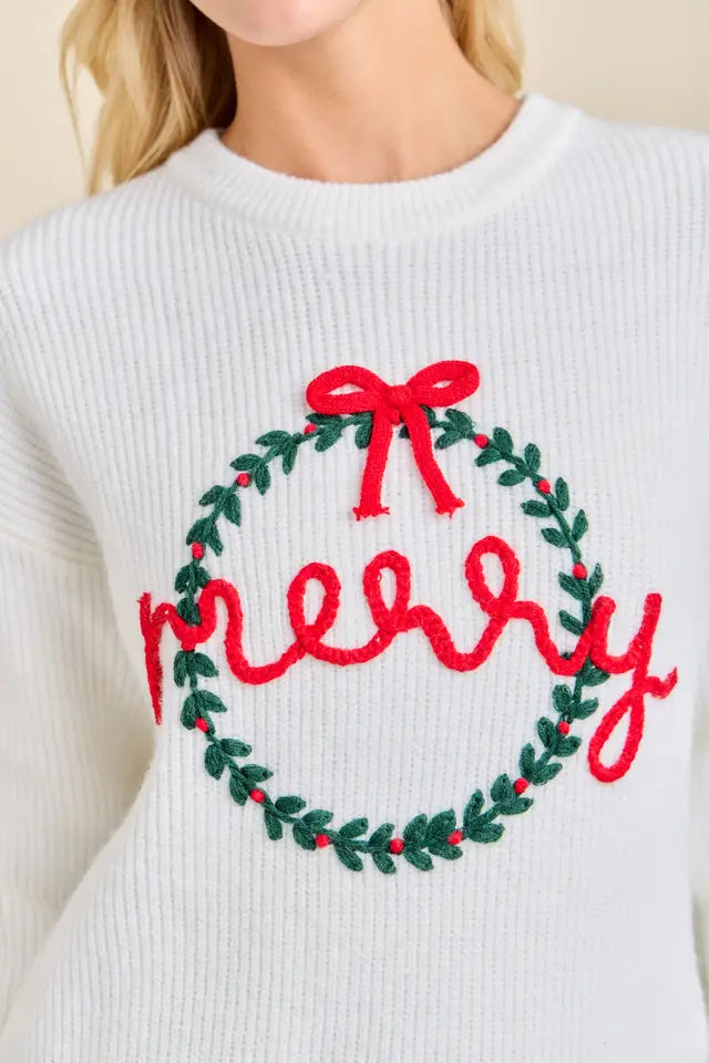 "Merry" Script Holiday Wreath Embroidered Sweater