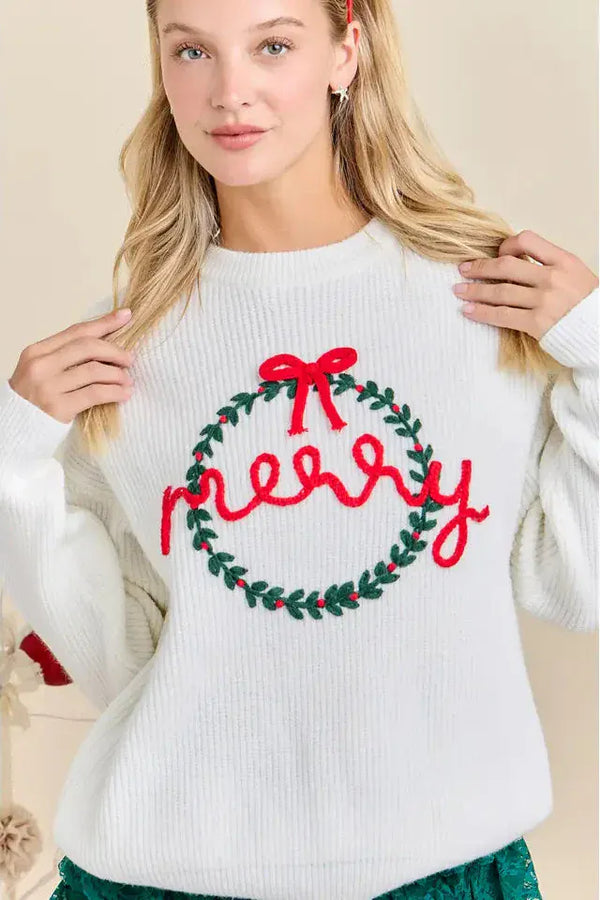 "Merry" Script Holiday Wreath Embroidered Sweater