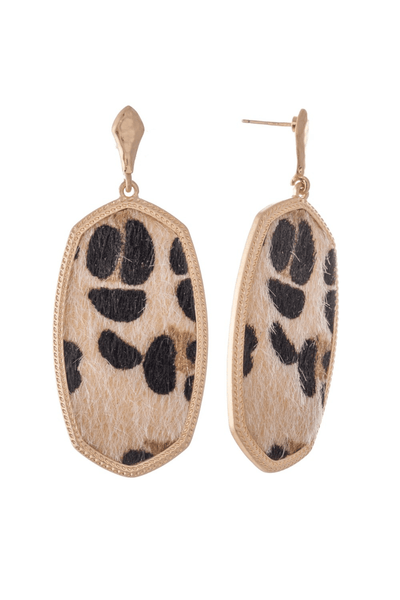 Metal Encased Leopard Print Oblong Drop Earrings