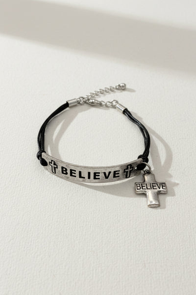Metal Stamped Adjustable Cord Bracelet with Cross Charm