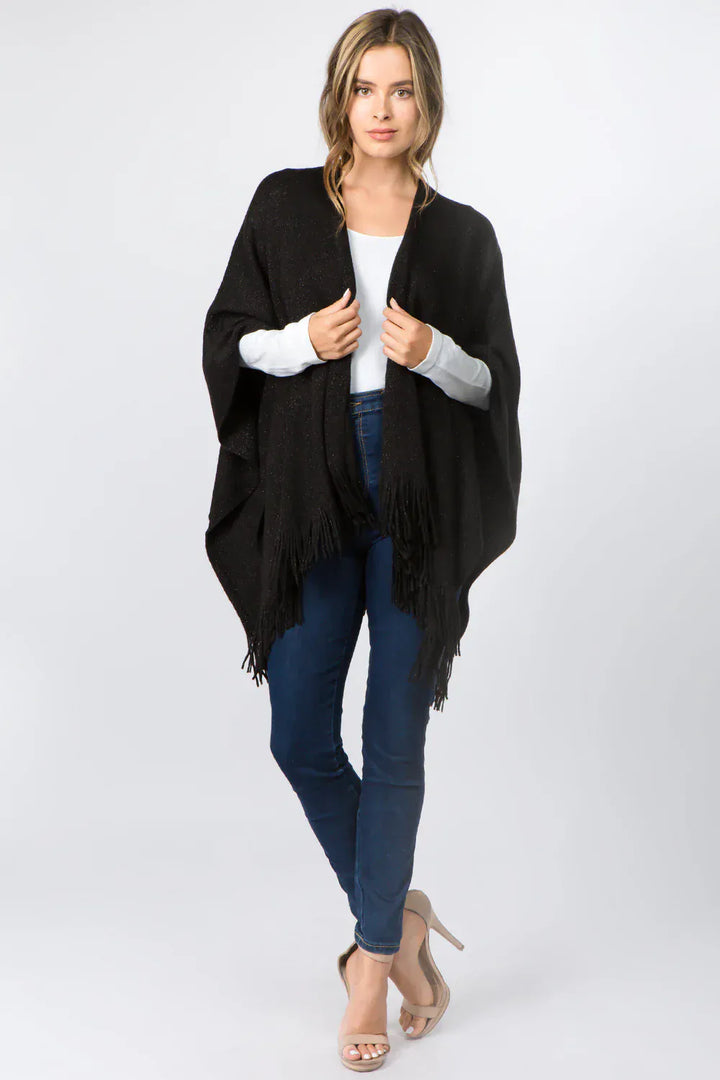 Metallic Knit Cardigan with High Low Tassel Hems