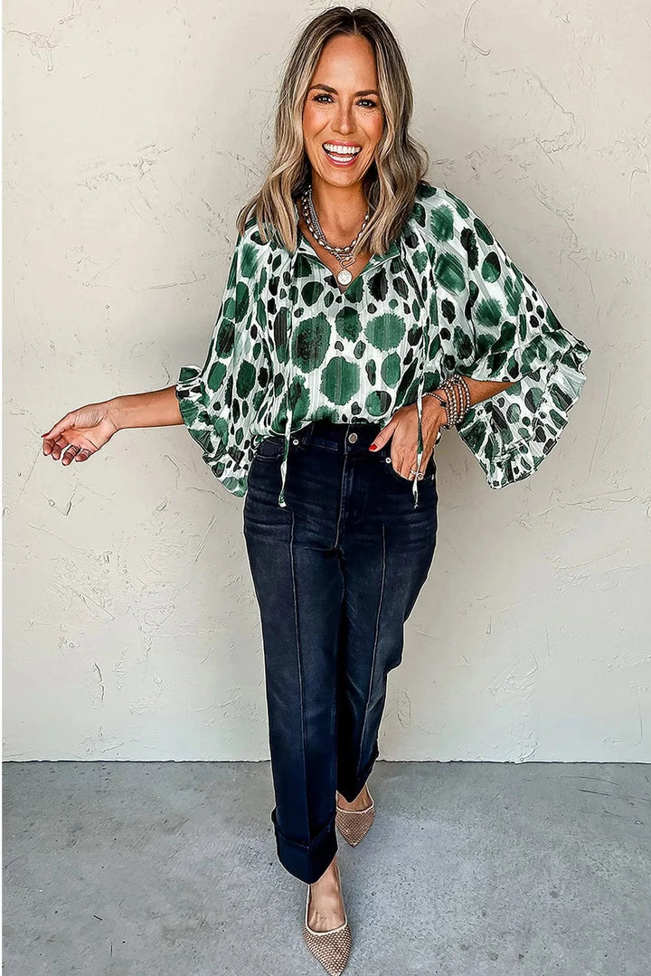Metallic Threaded Accent Pleated Abstract Print Lightweight Ruffle Sleeve Blouse