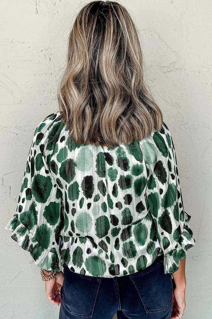 Metallic Threaded Accent Pleated Abstract Print Lightweight Ruffle Sleeve Blouse