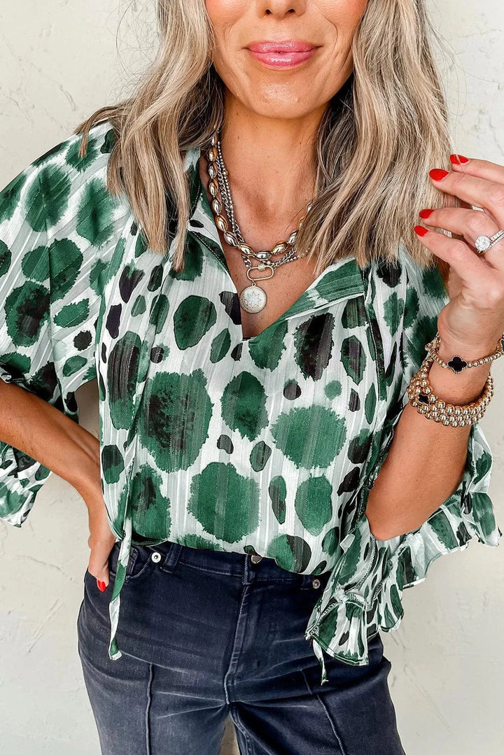 Metallic Threaded Accent Pleated Abstract Print Lightweight Ruffle Sleeve Blouse