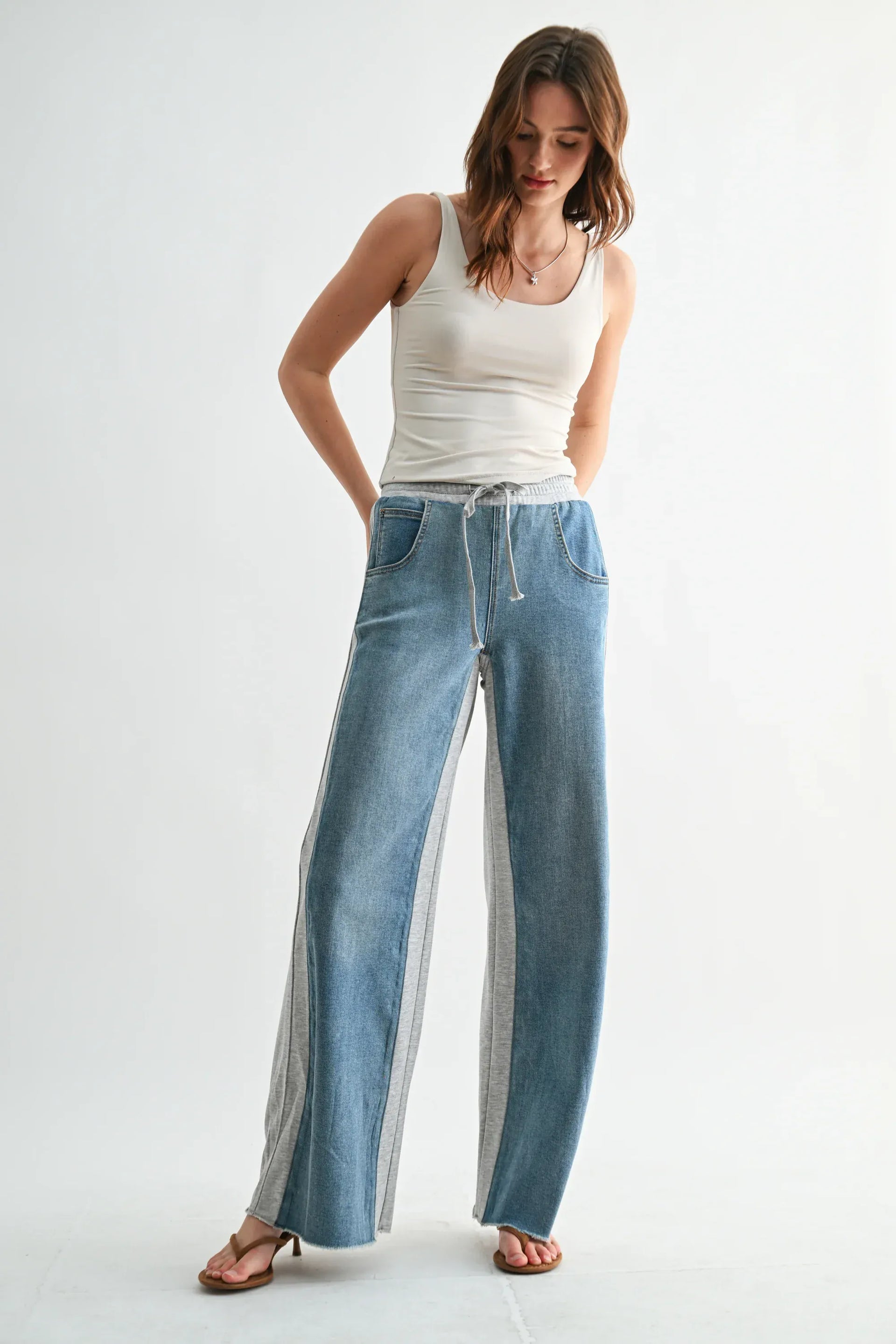 Mica Denim High Rise Wide Leg Denim and French Terry Panel Pants
