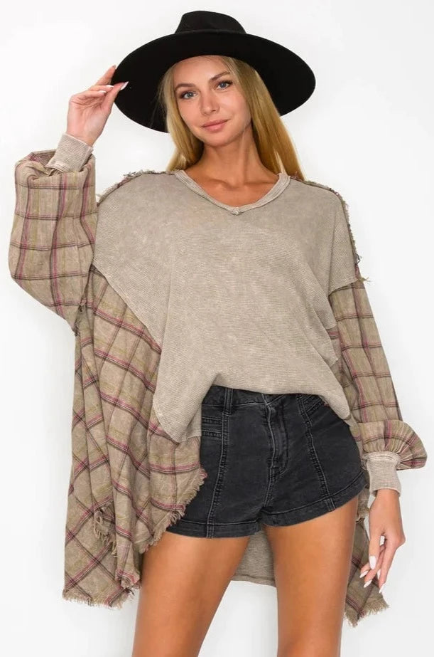 Mineral Wash Pullover with Plaid Flannel