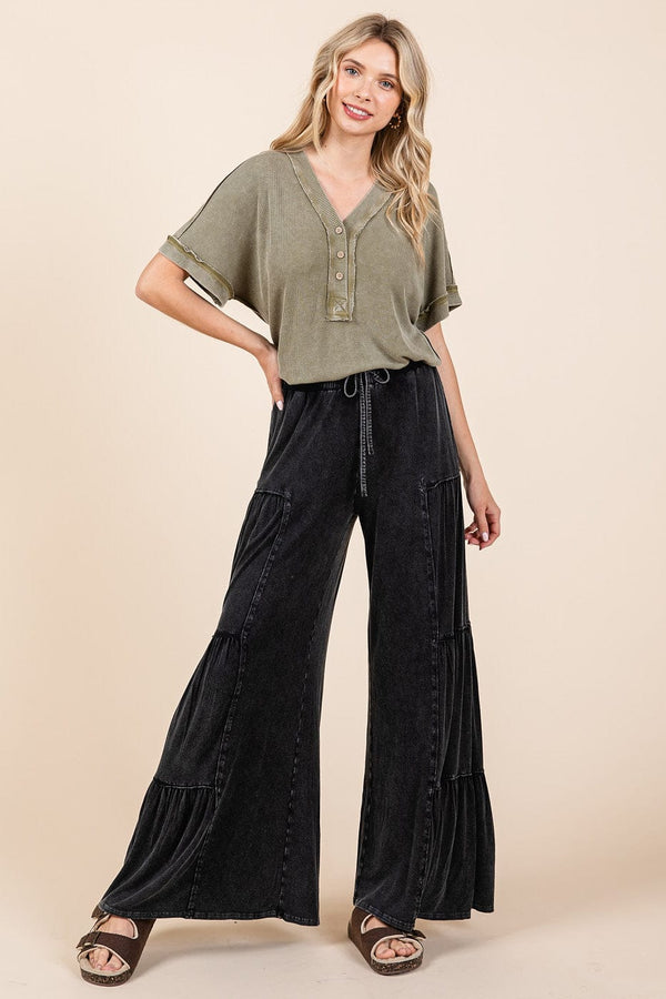 Mineral Wash Tiered Wide Leg Elastic Waist Pants