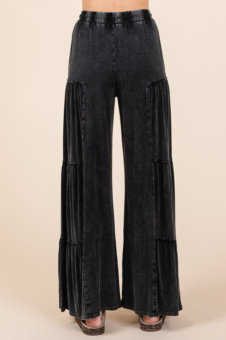 Mineral Wash Tiered Wide Leg Elastic Waist Pants