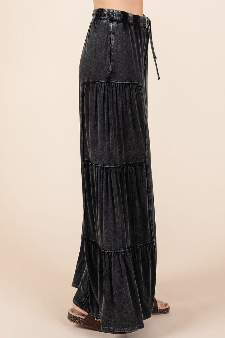 Mineral Wash Tiered Wide Leg Elastic Waist Pants