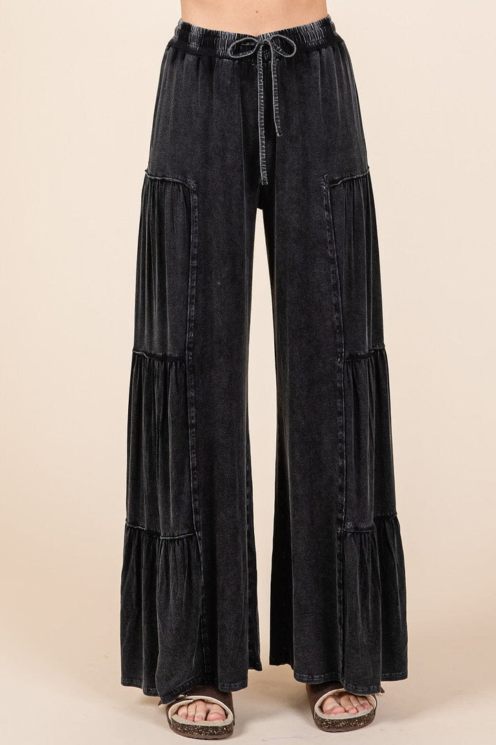 Mineral Wash Tiered Wide Leg Elastic Waist Pants